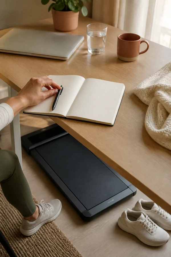 blank notebook beside a walking pad for tracking a simple routine