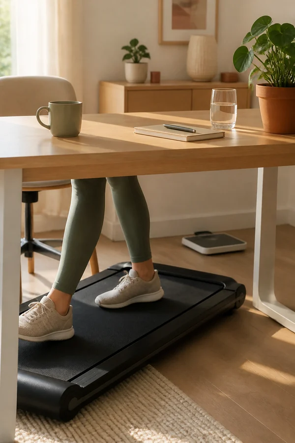 person walking on an under desk treadmill with a scale set aside