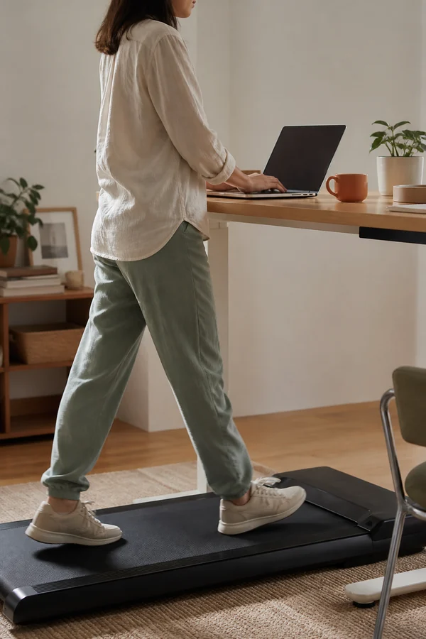 person typing while walking slowly on an under desk treadmill