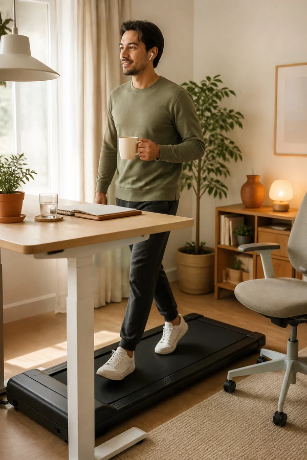 person walking slowly on a walking pad during a work call