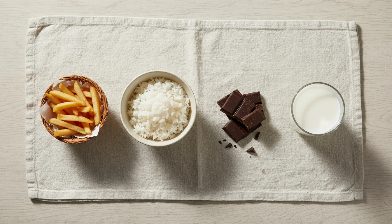 Fried food, white rice, dark chocolate and milk arranged in a row, the four foods ranked by effect size in the research