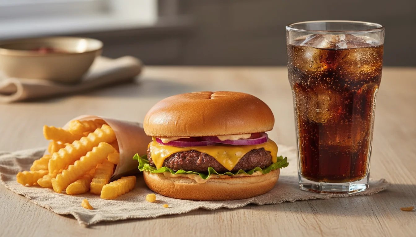 A burger, fries and a sugary drink shown together as one meal, illustrating that the glycemic load of the whole meal matters more than the frying