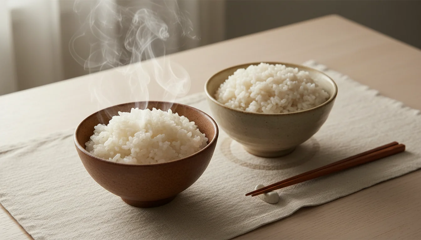 Freshly cooked rice beside cold day-old rice, showing how cooling cooked rice forms resistant starch and lowers the glucose response