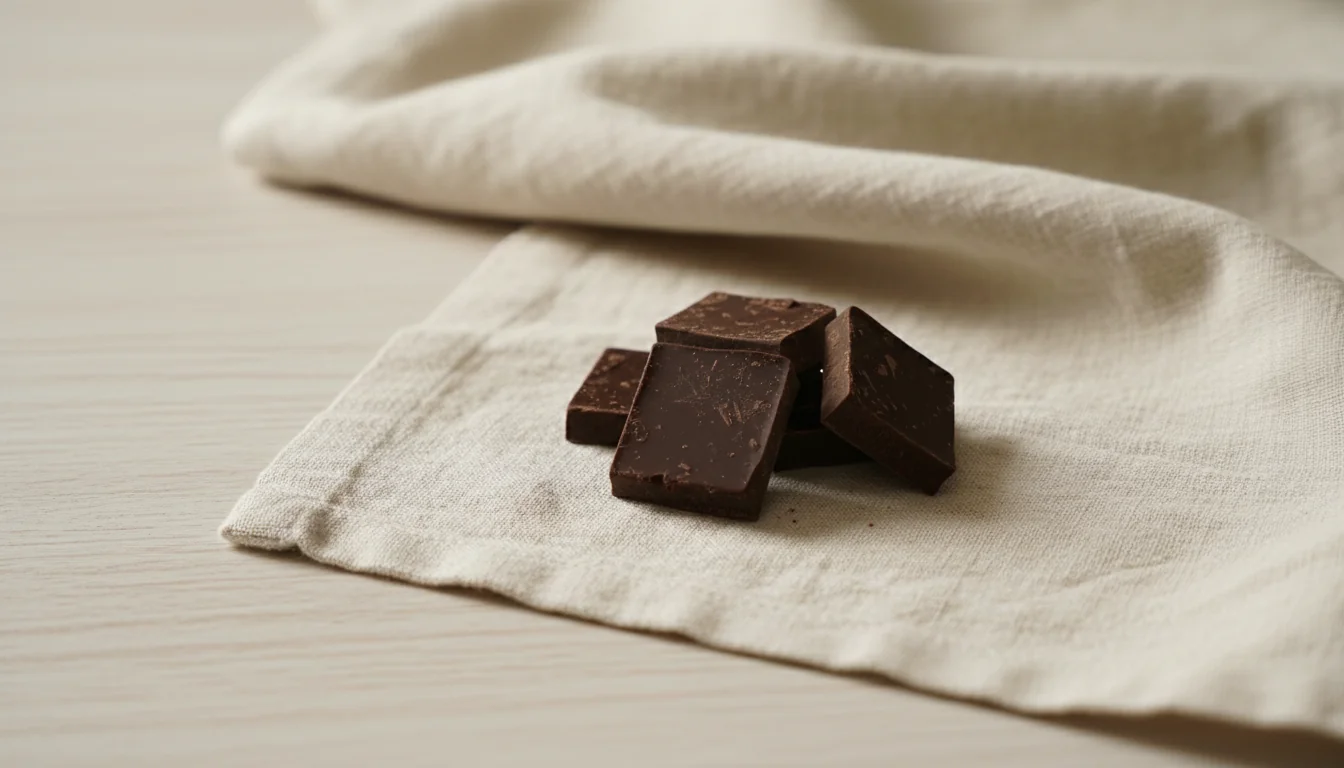 A small portion of dark chocolate with space around it, reflecting its modest effect size compared with fried food and white rice