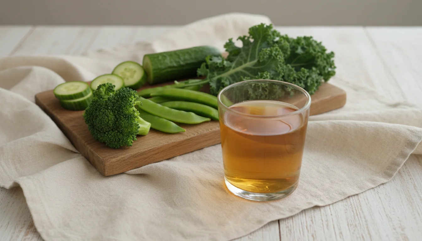 Plain unsweetened tea beside fresh green vegetables, the two foods that showed a protective association in the study