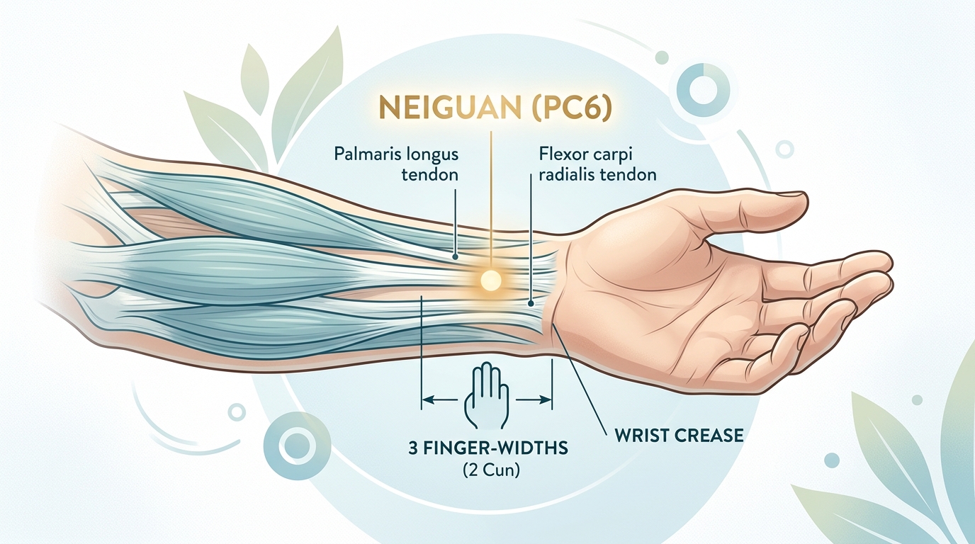 Illustration showing the approximate location of Neiguan P6 on the inner forearm.