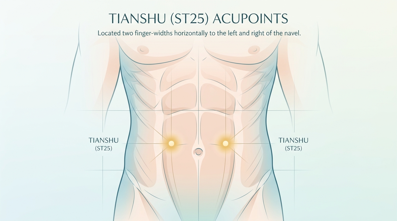 Illustration showing the approximate location of Tianshu ST25 beside the navel.