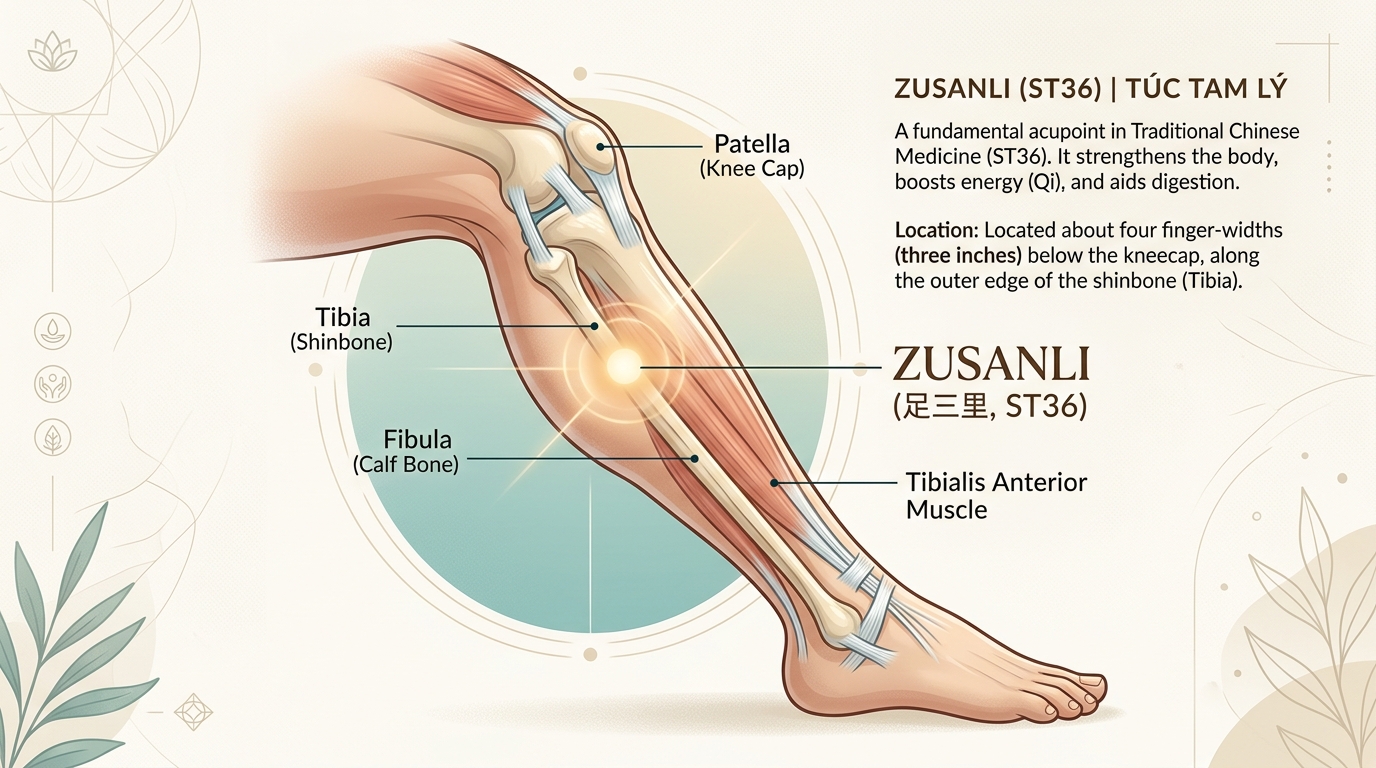 Illustration showing the approximate location of Zusanli ST36 below the knee.