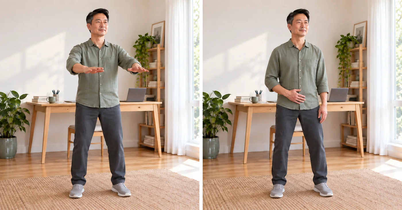 Two-step closing movement with hands forward and one hand resting on the lower abdomen