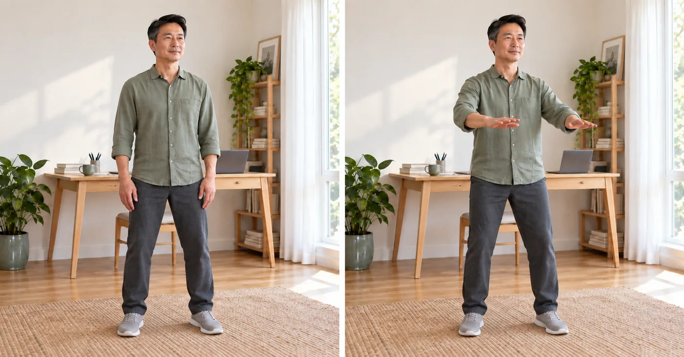 Two-step qigong movement showing arms relaxed and hands raised to chest height