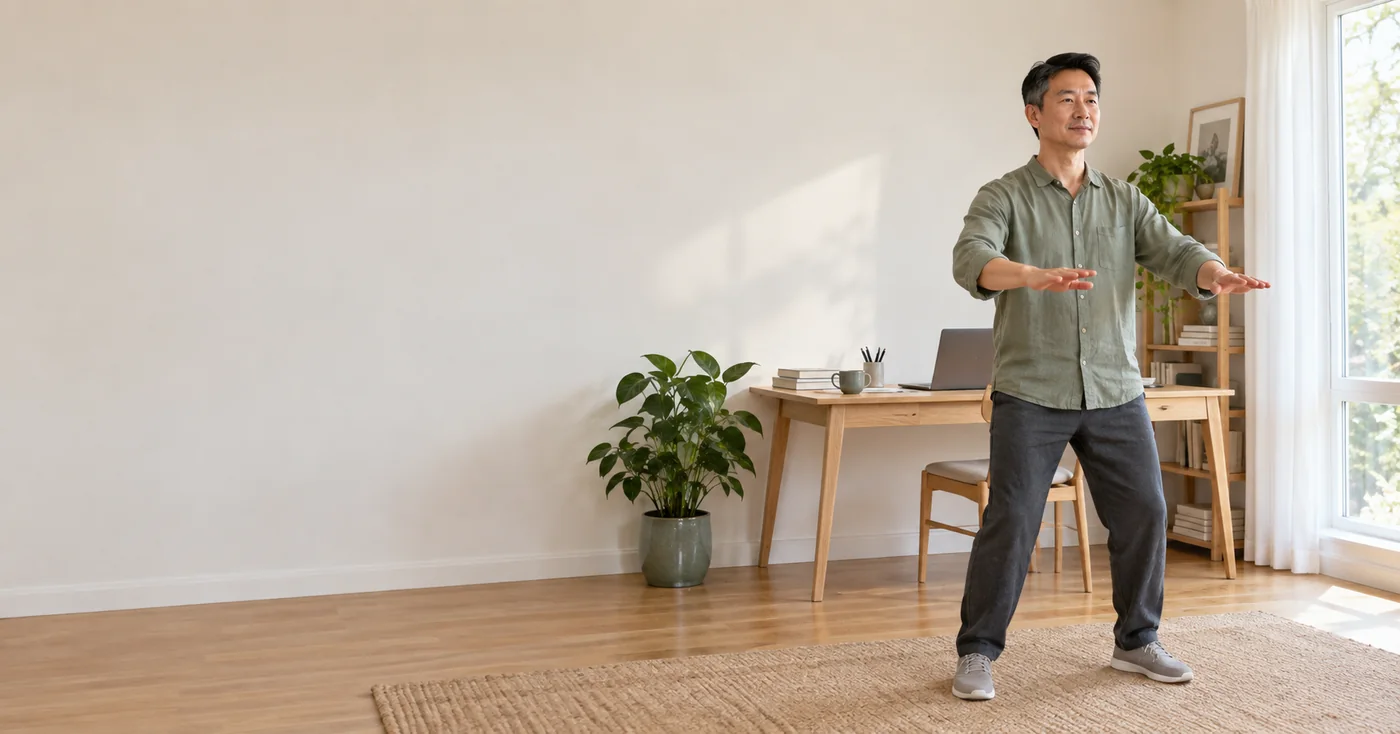 Man standing with knees relaxed and hands raised gently in front of him
