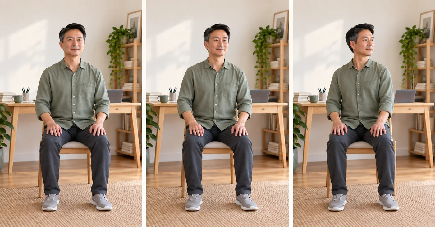 Three seated qigong positions performed on a stable chair
