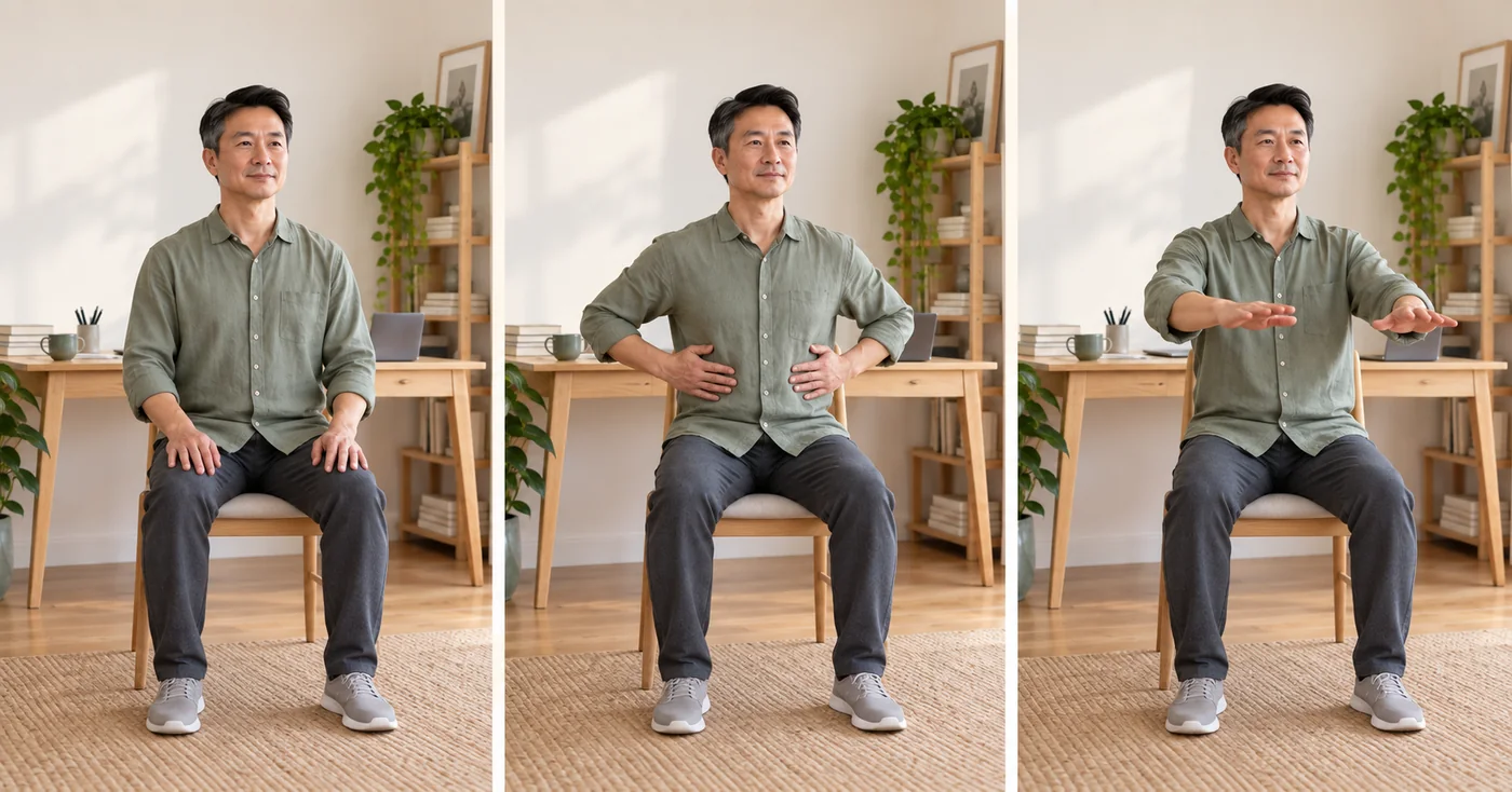 Three-step seated qigong sequence with hands on thighs, lower ribs, and extended forward