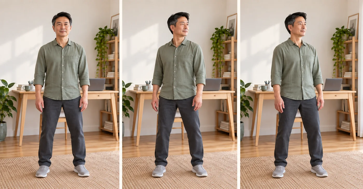 Three views showing a neutral stance and gentle turns to each side