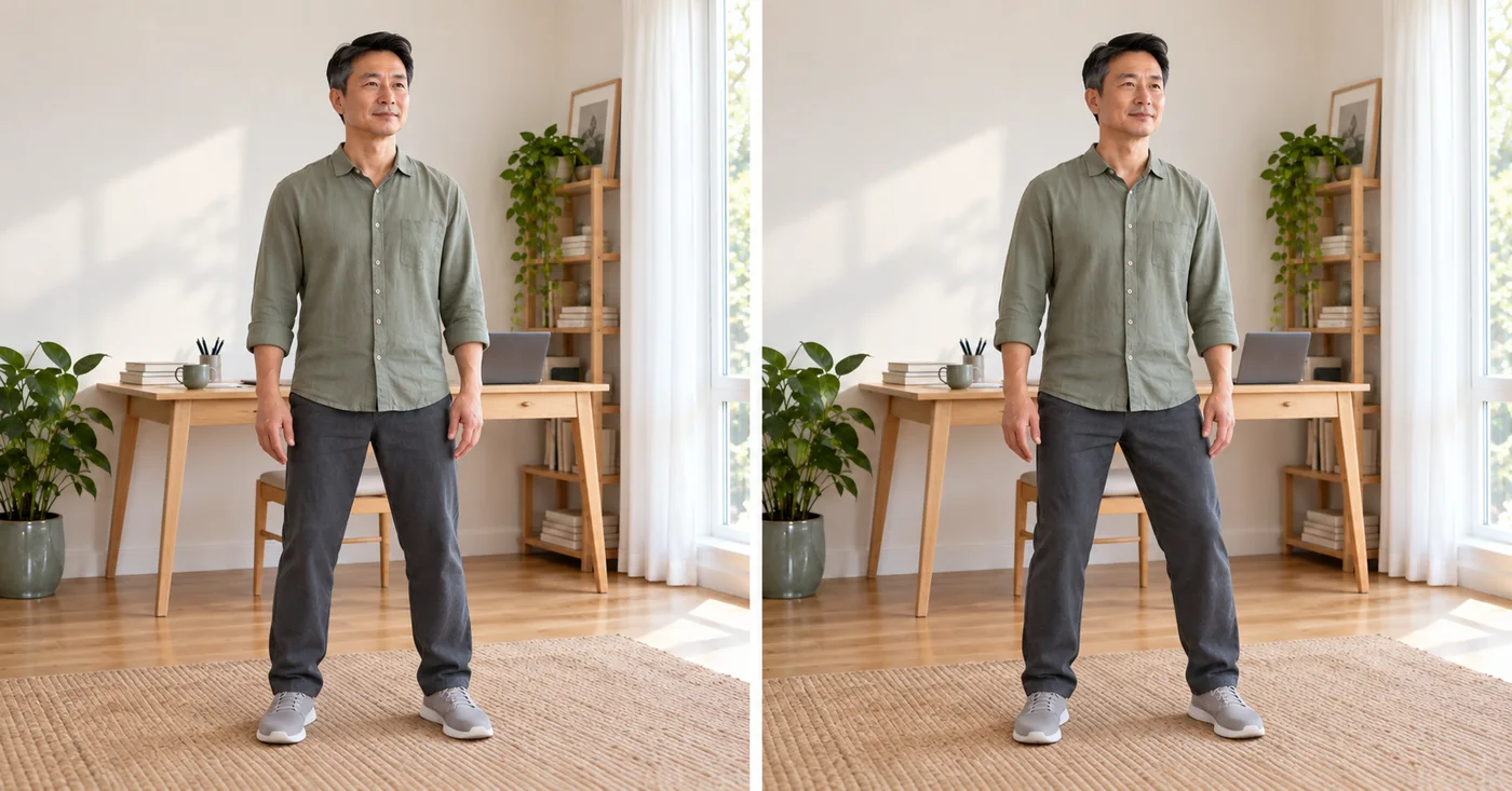 Two views of a gentle standing weight shift with feet set wider than hip width