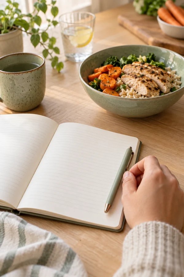 A hand holding a pen above a blank notebook beside a cooked meal.