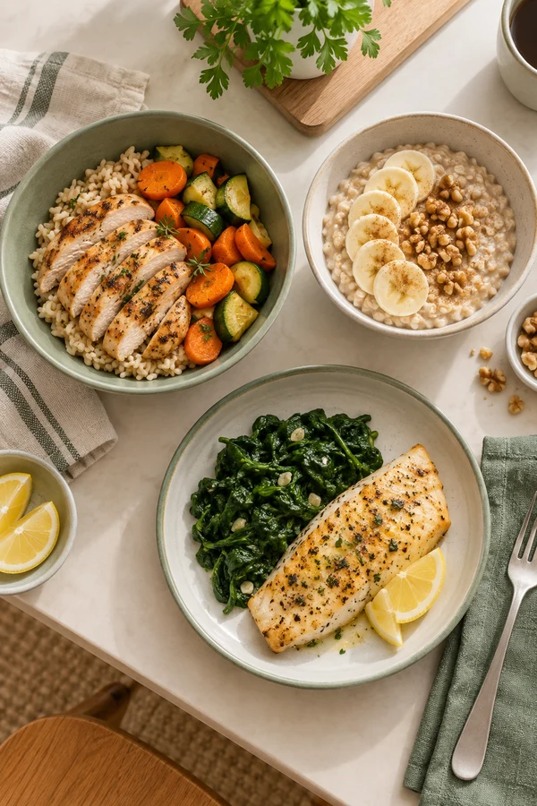 Oatmeal, chicken and rice, and fish with cooked vegetables arranged on a table.