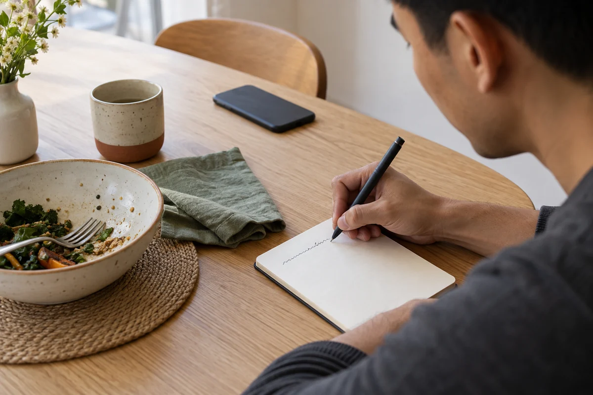 Writing one brief observation after a meal in a simple notebook