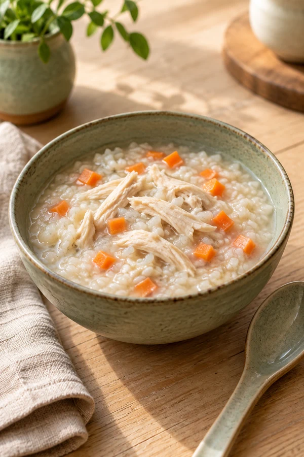 A bowl of rice congee with shredded chicken and sliced carrots.