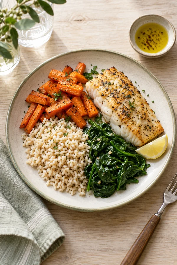 Cooked fish, grain, carrots and spinach arranged as separate meal components.