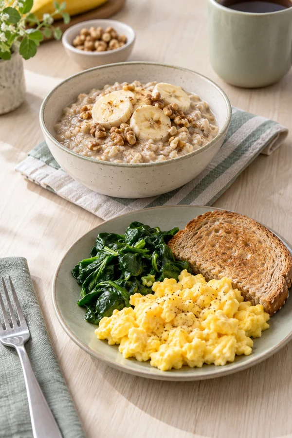Banana oatmeal alongside scrambled eggs, toast and cooked spinach.