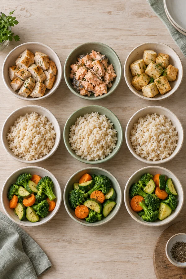 Chicken, fish and tofu portions shown with grains and cooked vegetables.