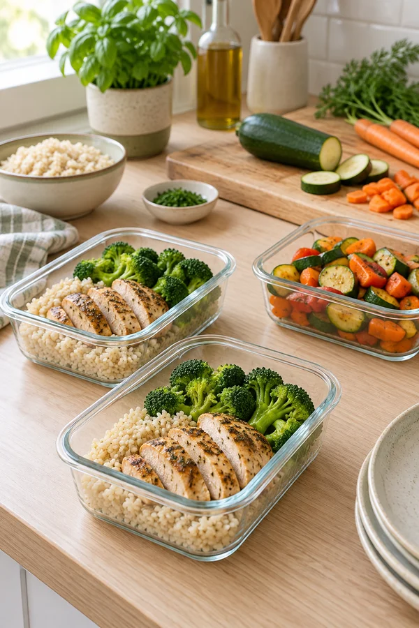 Shallow glass containers with chicken, grains and cooked vegetables on a kitchen counter.