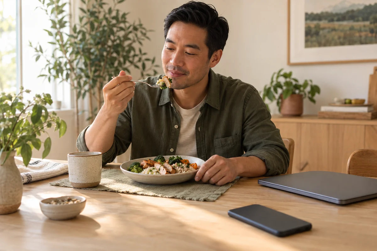 Beginning a familiar meal slowly with the laptop closed and phone set aside