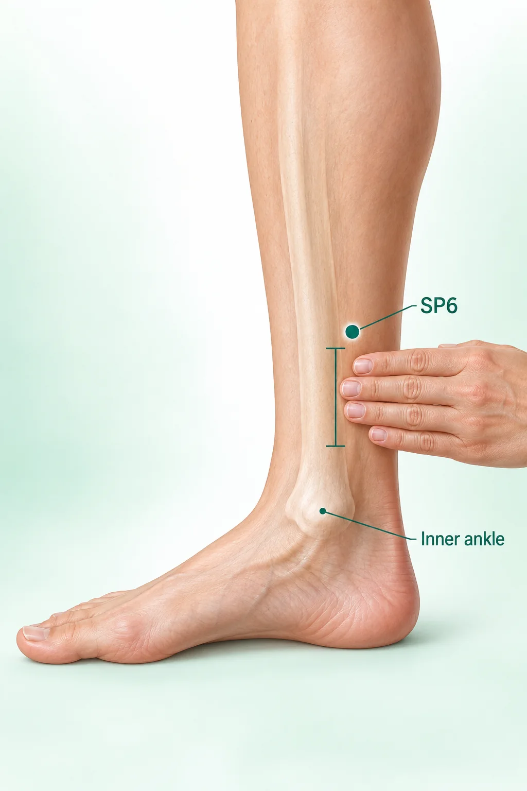 Illustration showing the approximate location of Sanyinjiao SP6 above the inner ankle.