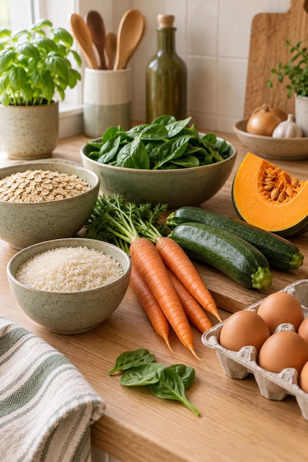 Rice, oats, eggs, pumpkin, carrots, zucchini, and leafy greens.