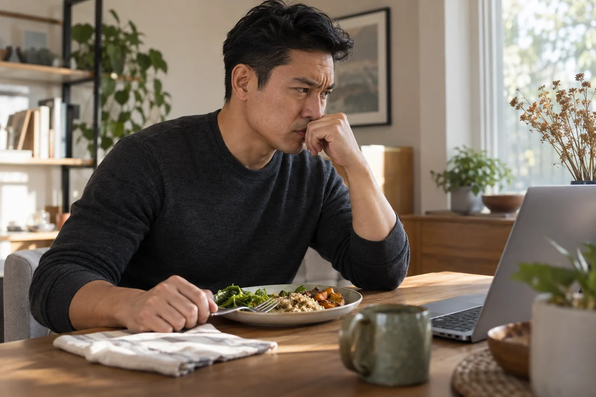 A tense workday meal showing how stress can change the eating context
